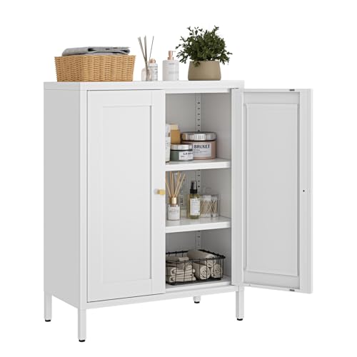 Image of Small Metal Storage Cabinet,23.6 Inch Wide 11.8 Inch Deep,Bathroom Cabinet with Adjustable Shelves,3-Tier 31.5 inch Tall Shaker Cabinet for Kitchen Entryway Living Room,White