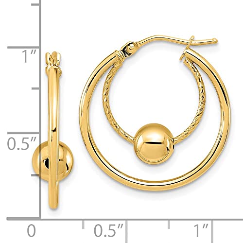 14K Yellow Gold Polished Textured W/ 6Mm Ball Hoop Earrings #TOP3