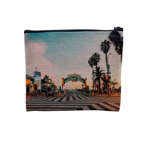 Pochette en Lin - Santa Monica Plage Los Angeles Californie Palmiers - Trousse Maquillage en Toile Aspect Lin - Porte Monnaie - 15 x10 cm
