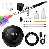 Kit Aerografo con Compressore 48 PSI, pistola aerografo con 2 ugelli (0,3/0,5 mm), per modellismo, nail art, trucco, decorazione torte & progetti creativi fai-da-te (Nero)