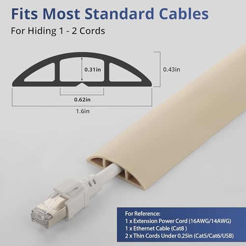 Image of ZhiYo 5.6ft Cord Covers for Wires on Floor, Cord Hider Floor Hide Extension Cords, Soft PVC Cable Cover Cable Protector, Wire Cavity W0.62in H0.31in, Beige