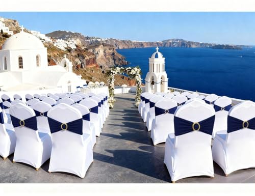 Image of 50 Pack Navy Blue Chair Sashes with Gold Buckle Slider, Spandex Dark Blue Bands Bows for Folding Chairs Gender Reveal Banquet Decor