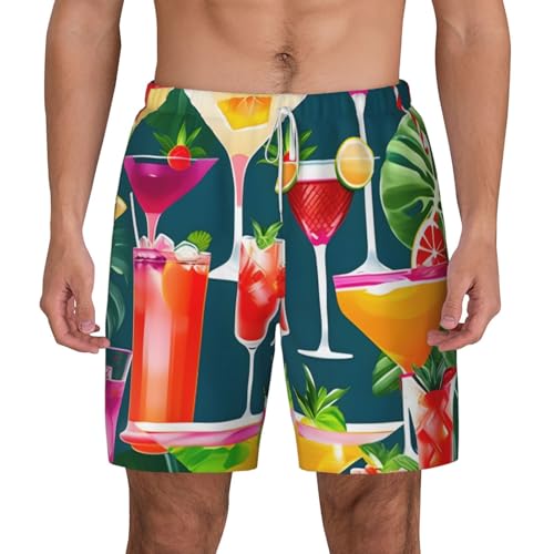 Tropical Cocktail Print Mens Swim Shorts Trunks Inseam Compression Liner Quick Dry Zipper Pocket White