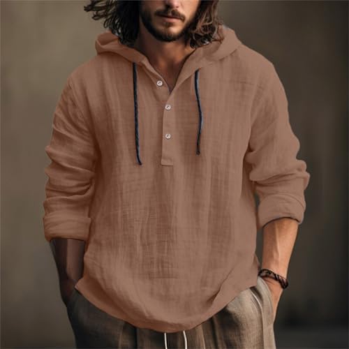 lcyhony Mens Cotton Linen Hoodies Big and Tall Long Sleeve Shirts with Hood Lightweight Comfy Button Down Casual Beach Shirts2