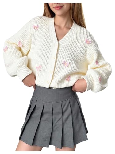 BEAUDRM Girl's Cute Butterfly Cardigans Button Down Long Sleeve V Neck Knitwear Sweater Beige 9 Years
