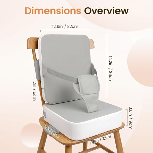 Image of Booster Seat for Kitchen Chair for Toddlers | Toddler Booster Seat for Dining Table with Backrest & Adjustable Straps, Non-Slip Portable Travel Cushion, Gray White