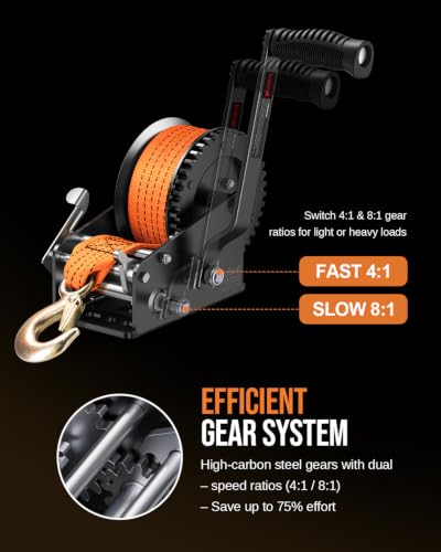Image of Kolvoii 3500 lb Boat Trailer Winch, 33 ft Strap, 2-Speed 4:1 /8:1, Orange | Polyester Strap; Two-Way Ratchet; 8 mm High-Carbon Steel Gears; Galvanized Finish; Boat Trailer and Marine Loading