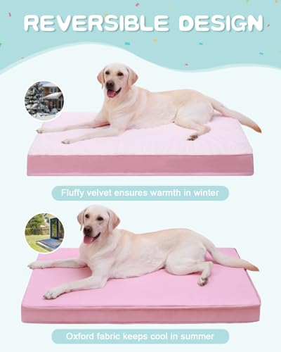 Image of KSIIA Orthopedic Dog Bed for Large Dogs with Waterproof Lining, Pink, 41x27 | Deluxe Soft Plush Dog Crate Bed, Washable Pet Mat with Removable Cover & Egg Crate Foam for Large Dogs Sleeping & Relaxing