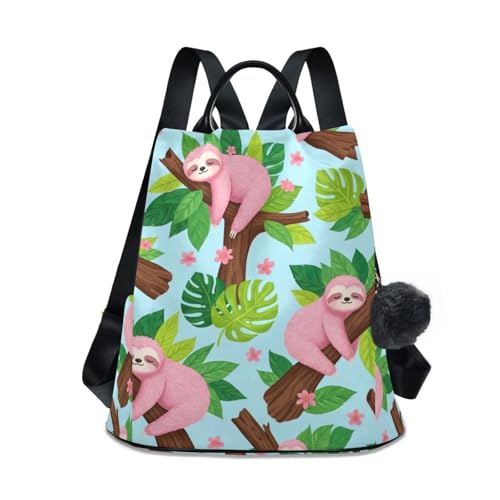 Mochila antirrobo para mujer con estampado de perezosos rosados y hojas
