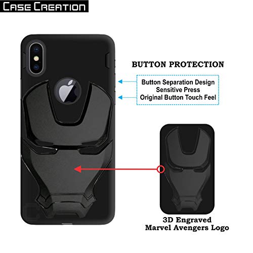 Image of COVERLY Official 3D Touch Feel Trending Marvel Avengers Logo Mask Soft Rugged Grip Iron Man Super Power Cartoon Movie Engraved Silicone Matte Back Cover for Apple iPhone Xs - Black