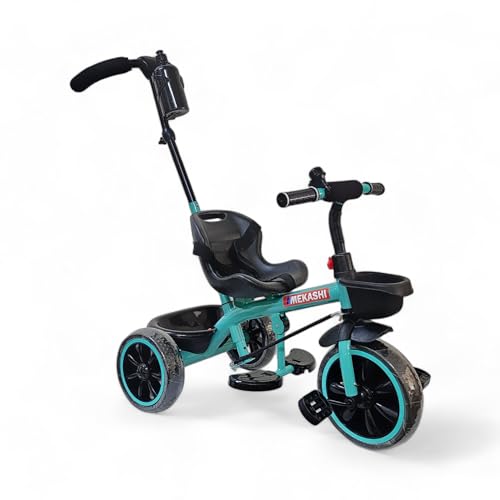 Image of MEKASHI Kids Tricycle for 1-6 Years with Parent Push Handle, EVA Wheels, Safety Guard, Front & Rear Storage Basket, Footrest, Bottle Holder, Sea Green