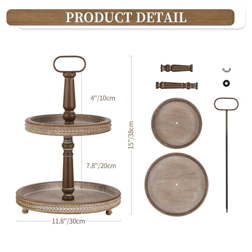 Hanobe Decorative Wooden Tiered Tray: Wood 2 Tier Stand Farmhouse Serving Tray Decor Round Brown Beaded Trays for Kitchen Coffee Table Centerpieces Counter Easter Spring Valentine's Day