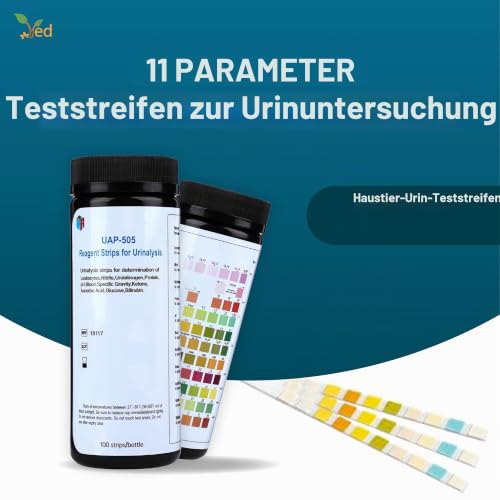 VED 100 x 11-in-1-Urinteststreifen für Haustiere, für die Gesundheit von Katzen und Hunden, Urinanalyse-Reagenzstreifen: Spezifisches Gewicht, Leukozyten, pH-Wert, Blut, Keton, Ascorbinsäure, Glucose,