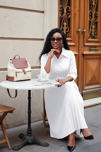 Image of Runwind Maxi Dresses for Women, 3 /4 Sleeve Botton Down Pleated Long Dress with Belt Casual Church Dress with Pockets