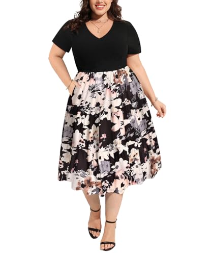 Image of CARCOS Plus Size Dresses for Women Summer Short Sleeve V Neck Patchwork Dresseses XL-5XL