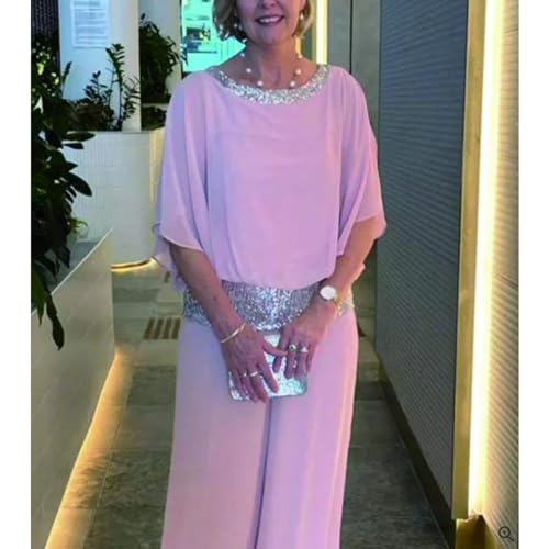 ZOCAVIA Women's Elegant Chiffon 2 Piece Sparkly Sequin Crewneck Batwing Blouses Tops Flowy Wide Leg Pant Wedding Party Outfit3