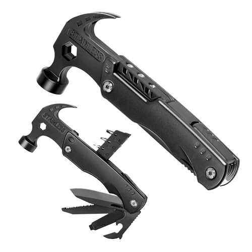 GeneTac Multitool Hammer 12-in-1 Multi Tool Gifts for Men Dad Gifts Husband Christmas Stocking Stuffers Camping Tool with Knife Screwdrivers Bottle Opener Multitool for Survival & DIY Projects