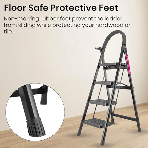 Image of Casa Copenhagen Black 4 Step Ladder for Home Use with Built-in Tool Tray | Heavy Duty D Shape Rods | Ultra Large Platform | Wide Rubber Feet | 150Kg Capacity Foldable Ladder - 7 Years Warranty