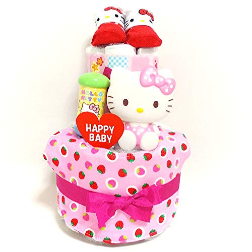 19034 おむつケーキ２段 女の子キティちゃんとメロディチャイム ガーゼ素材スタイ 出産祝い
