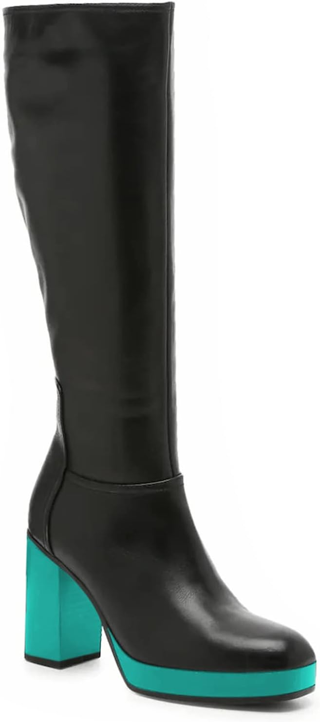 FOWT Women’s High Platform Over-Knee-High Boos Square Toe Long Booties High Block Heels Short Black Bootie Multicolored Fashion Pattern Leather Upper Shoes Winter Fall Warm Work Daily Shoes Size 4-16 US