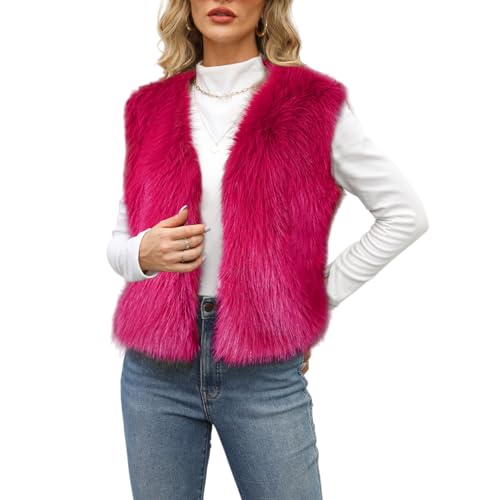 AMateschitz Gilet en fourrure synthétique pour femme - Sans manches - Col en V - Gilet polaire d'hiver moelleux - Gilet d'hiver court pour femme, Rose, S