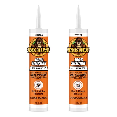 Gorilla Waterproof Caulk & Seal Silicone Sealant, 10oz Cartridge (Pack of 2) - White Caulking Sealant for Kitchen, Window, Bath, Marine, Door and More