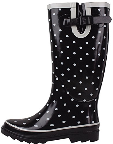 SBC Women's Rain Boots Adjustable Buckle Fashion Mid Calf Wellies Rubber Knee High Snow Multiple Styles (6, Black Polka Dots)