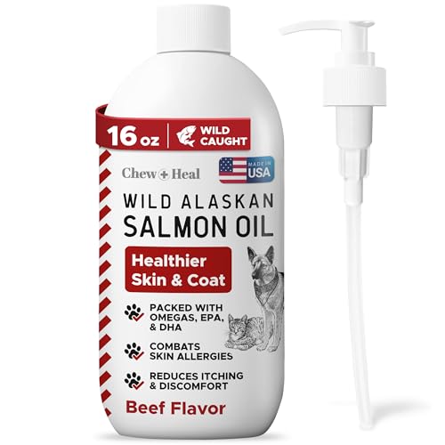 Pure Wild Alaskan Salmon Oil for Dogs - 16 oz. Beef Flavored Salmon Oil - Pump Cap Bottle - Contains Omega-3 and 6, EPA, and DHA for Healthy Skin and Coat - Toxin Free