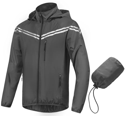 Image of CREATMO US Men's Packable Waterproof Running Rain Coats Reflective Cycling Jacket Windbreaker With Removable Hood