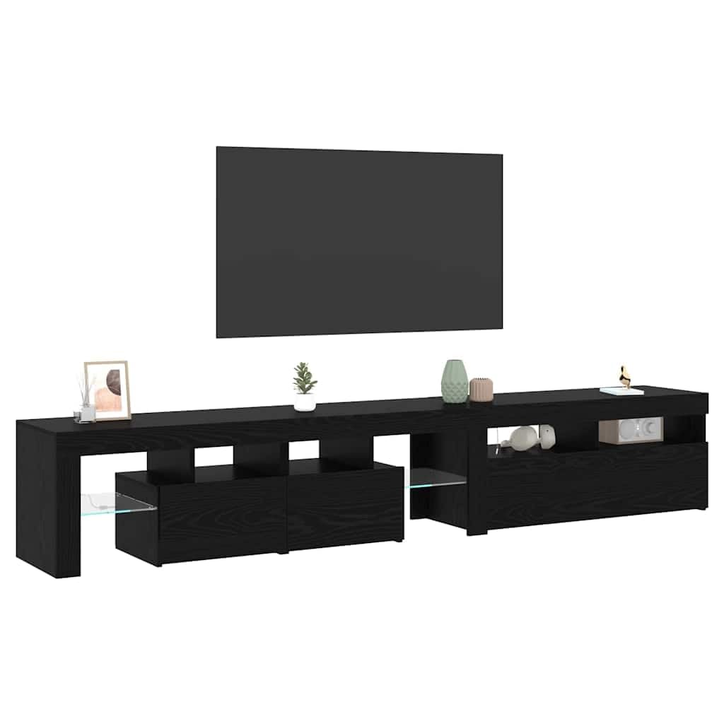 Juego de 2 armarios para TV en aspecto de roble negro, 2 unidades, mueble bajo con iluminación LED, 3 puertas y 4 estantes de cristal, armario para televisión para salón, cine en casa