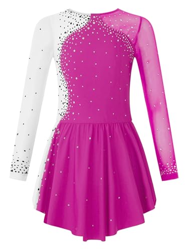 inlzdz Vestido Patinaje Artístico para Niña Maillot Manga Larga con Pedrería Brillante Leotardo Gimnasia Vestido de Danza Contemporánea Disfraz de Baile 5-14 Años C Rosa Oscuro 6 años