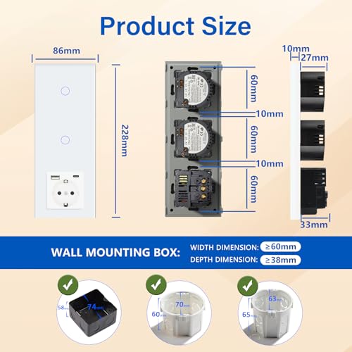 BSEED Touch Lichtschalter mit Schuko Steckdose mit LED Anzeiger doppelte 1 Fach 2 Wege Glas Lichtschalter mit einer USB Steckdose Anschluss (Max. 2.1A) Typ C Portn Weiß 228mm