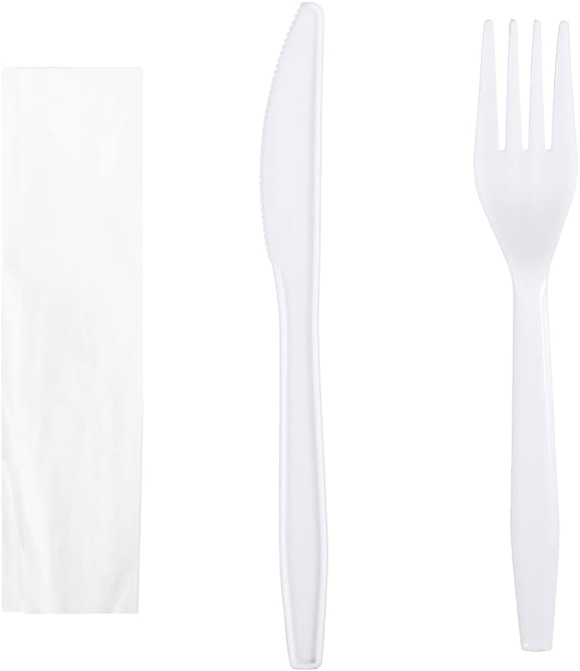 Daxwell Plastic Cutlery Kits, Medium Heavyweight Polypropylene (PP), Fork, Knife, Napkin, White B10003723 (Case of 500)