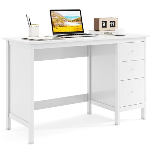 Tangkula White Desk with Drawers, Modern Home Office Computer Desk with Storage Drawers & Spacious Desktop, Compact Writing Study Desk Laptop Desk for Bedroom, Multipurpose Workstation