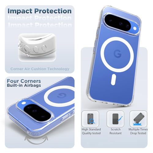 Image of RIGGEAR Shockproof Clear Hybrid Armor Magnetic Back Cover Case Compatible with MagSafe Accessories for Google Pixel 10 / Pixel 10 Pro (Transparent PC+TPU Bumper)