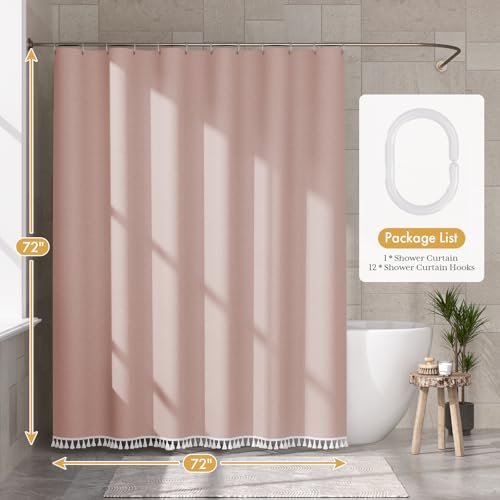 Image of AmazerBath Pink Boho Shower Curtain with Tassels, Modern Farmhouse Shower Curtains for Bathroom, Pink Shower Curtain Fabric, Rustic Faux Linen Shower Curtain Set with Hooks, 72x72 Inches