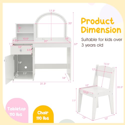 Image of Costzon Kids Vanity with Lights, 2 in 1 Princess Makeup Desk & Chair Set with Lighted Mirror, Drawer, Storage Shelves & Cabinet, Toddler Dressing Table, Vanity Set for Little Girls, White