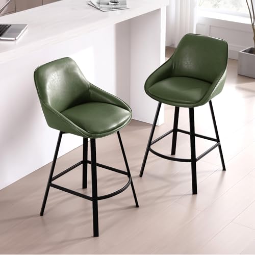 Image of Zesthouse Swivel Bar Stools Set of 4, 26 inch Modern Counter Height Bar Stools with Low Backs, Upholstered Faux Leather Bar Chairs for Kitchen Counter, Green Island Chairs with Metal Legs