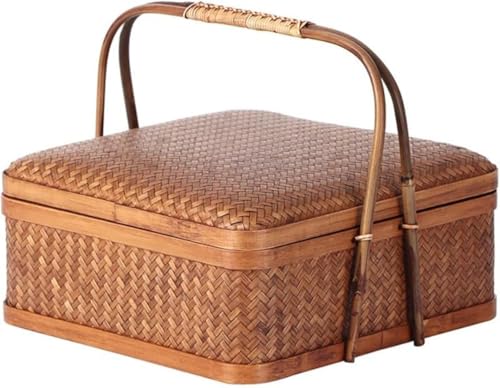 Zxyler手作り竹編お弁当箱 天然木素材 + 竹製蓋 藤のかご蓋でお洒落雰囲気 ピクニック・日常ランチ用ランチボックス ファミリーパン収納対応 ランチベルト付きコンパクト設計 お菓子出前・プレゼントに最適な精致包装箱 環境に優しい天然素材お弁当箱