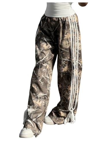 OYOANGLE Women's Graphic Print Striped Bow Tie Side Pants Elastic High Waist Wide Leg Baggy Y2K Trousers
