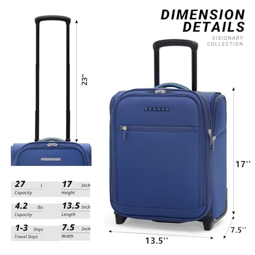 Image of Verage Underseat Carry On Luggage With Spinner Wheels, Navy Blue, 16-Inch Rolling Pro, Softside