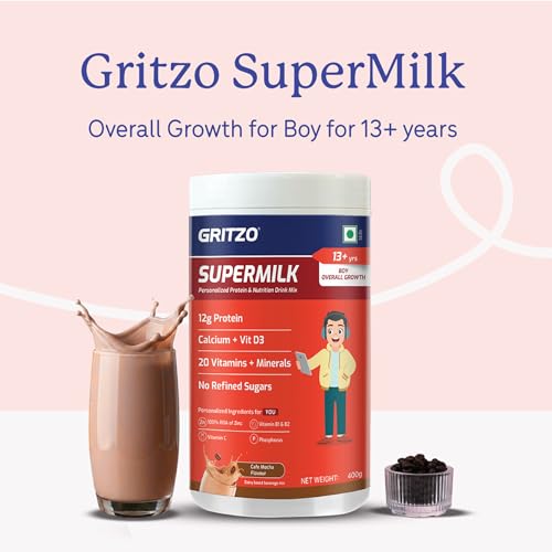 Image of Gritzo SuperMilk Overall Growth (13+y Boys), 12g Protein Powder (Cafe Mocha, 400g) | Zero Refined Sugar, 20 Vitamins & Minerals