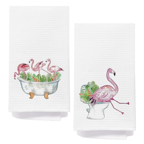 AQYIP Pink Flamingo Hand Towels for Bathroom, Girly Flamingo Bathroom Decor, Funny Tropical Botanical Bird Decorative Hand Towels for Spa Gym Yoga Washroom Restroom, 16x24 Inch Set of 2