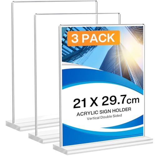 DoubleCare 3 Pezzi A4 Porta Cartelli in Acrilico, Espositori da Tavolo,Doppio Lato Trasparente, Porta-avvisi da Tavolo, Supporti per Cartelli Trasparenti per Ristoranti Ufficio Menu Foto