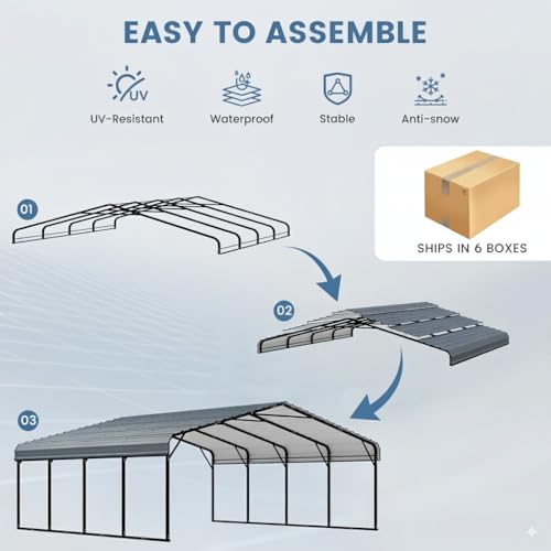 EROMMY 20‘x20’ Stable Metal Carport, All-Weather Heavy-Duty Carports with Strong Base, Sturdy Car Shed with Galvanized Steel Roof and Frame, Easy Assembly Car Port for 2 Cars, Tractors, Boat, Gray - Thumbnail 6