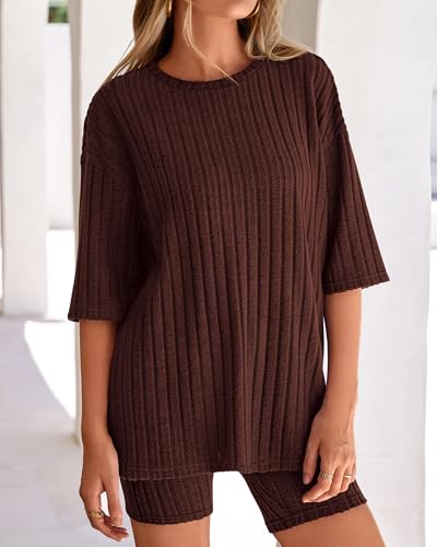 Image of KIRUNDO Short Sets For Women Summer 2 Piece Matching Lounge Sets Casual Rib Knit Tshirts Biker Shorts Beach Vacation Outfits