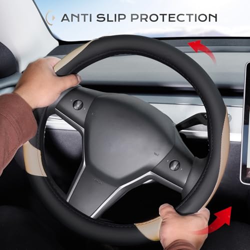 Image of Coverado Car Steering Wheel Cover, Nappa Leather Black & Brown Steering Wheel Covers, Universal 14-15 inch, Anti-Slip, Breathable Steering Wheel Protector for Women Men