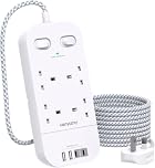 4 Way Surge Protected Extension Lead with USB Slots – Multi Plug Power Strip Extension Cable with Double Switches, Plug Extension Socket 1.8M Braided Extension Cord for Home Office Accessories