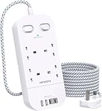4 Way Surge Protected Extension Lead with USB Slots – Multi Plug Power Strip Extension Cable with Double Switches, Plug Extension Socket 1.8M Braided Extension Cord for Home Office Accessories