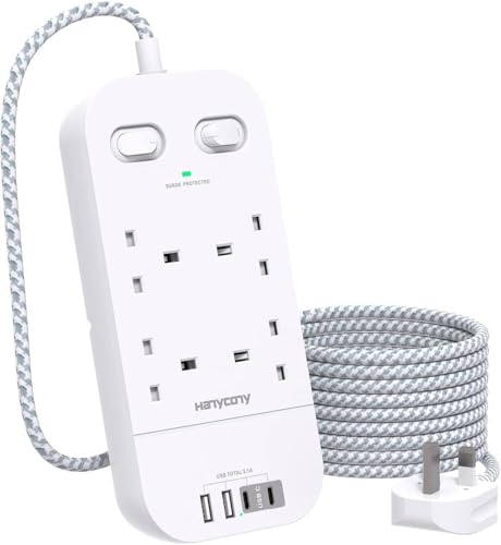 4 Way Surge Protected Extension Lead with USB Slots – Multi Plug Power Strip Extension Cable with Double Switches, Plug Extension Socket 1.8M Braided Extension Cord for Home Office Accessories